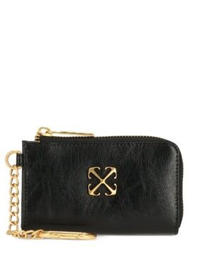 New Off-White Black Keychain Wallet, Leather Zip Card Pouch with Gold Zipper